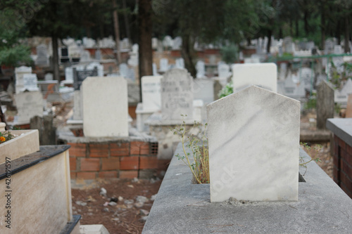 Tombstone at Muslim cemetery, Turkey. Graves background.