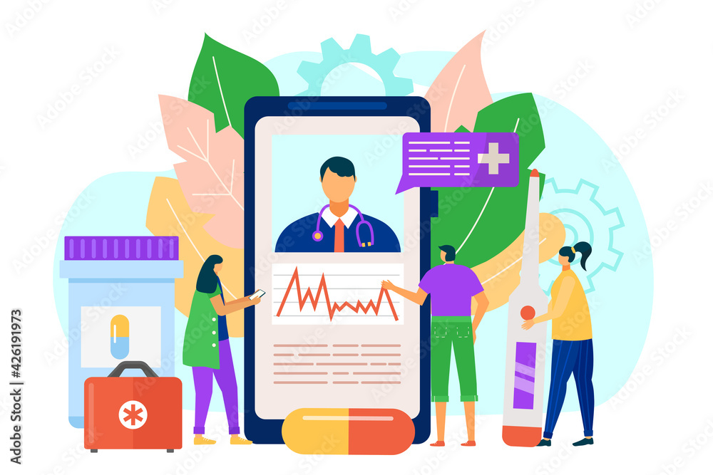 Online doctor for health medical support in clinic, vector illustration. Medicine consultation for man woman patient character, smartphone hospital Online doctor for health medical support in clinic, vector illustration. Medicine consultation for man woman patient character, smartphone hospital