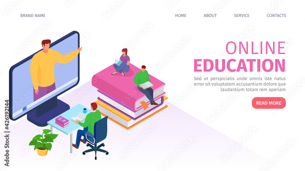 Naklejka premium Online education technology concept, isometric web page, vector illustration. Flat people man woman character get knowledge by computer