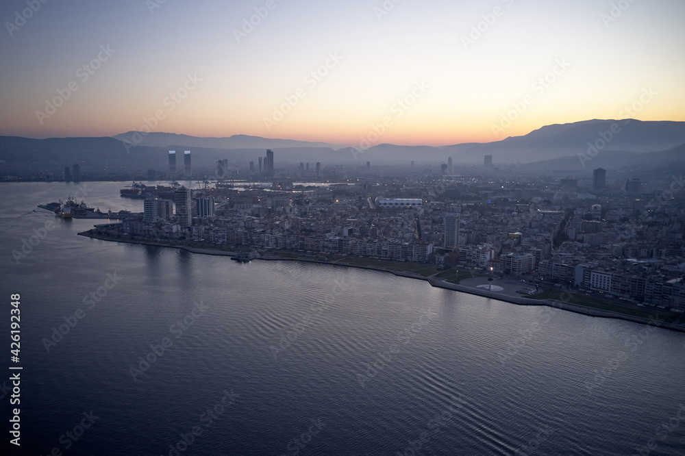 Aerial view of seaside town at sunset. Aerial view of seaside town at sunset.