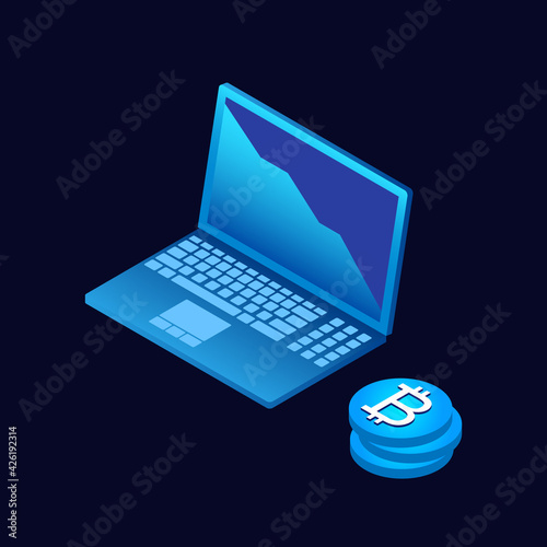 Cryptocurrency and blockchain isometric composition on crypto start up. Isometric vector illustration.