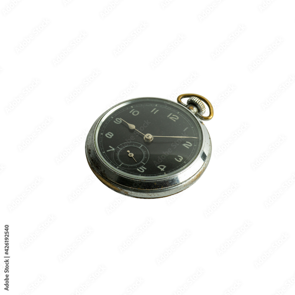 Old pocket watch isolated on white background without shadow.