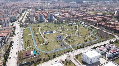Aerial view of open field public park at the city center