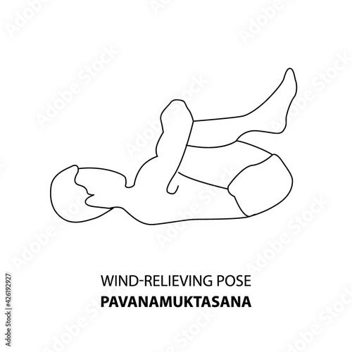 Man practicing yoga pose isolated outline Illustration. Man standing in wind-relieving pose or pavanamuktasana pose, Yoga Asana line icon