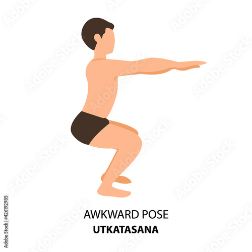 Man practicing yoga pose isolated Vector Illustration. Man standing in Awkward Pose or Utkatasana pose, Yoga Asana icon