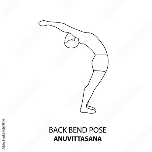 Man practicing yoga pose isolated outline Illustration. Man standing in Backbend or Anuvittasana, Chakrasana, Yoga Asana line icon
