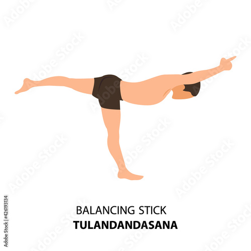 Man practicing yoga pose isolated Vector Illustration. Man standing in Balancing Stick Pose or Tulandandasana, Yoga Asana icon