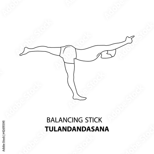 Man practicing yoga pose isolated outline Illustration. Man standing in Balancing Stick Pose or Tulandandasana, Yoga Asana line icon