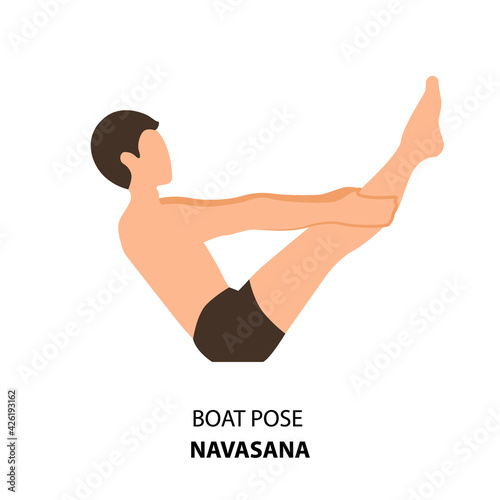 Man practicing yoga pose isolated Vector Illustration. Man standing in Boat Pose or Navasana, Yoga Asana icon