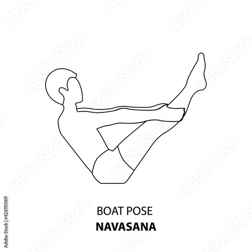 Man practicing yoga pose isolated outline Illustration. Man standing in Boat Pose or Navasana, Yoga Asana line icon