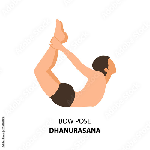 Man practicing yoga pose isolated Vector Illustration. Man standing in Bow Pose or Dhanurasana Pose. Yoga Asana icon