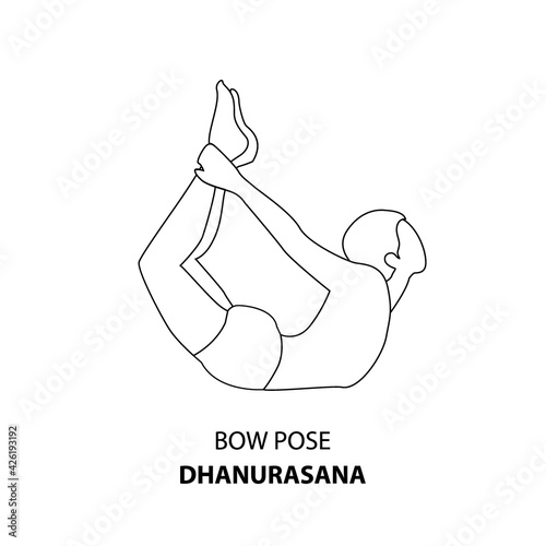Man practicing yoga pose isolated outline Illustration. Man standing in Bow Pose or Dhanurasana, Yoga Asana line icon