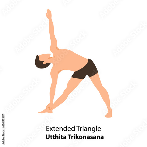 Man practicing yoga pose isolated Vector Illustration. Man standing in Extended Triangle Pose or Trikonasana, Utthita Trikonasan, Yoga Asana
