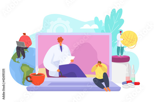 Online psychologist consultation, mental therapy and help concept, vector illustration. Psychotherapy for woman man patient support.