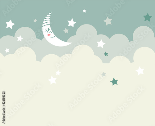 A fabulous children's drawing. A month with stars in the clouds. Beautiful wallpapers for the children's room, photo wallpapers for kids.