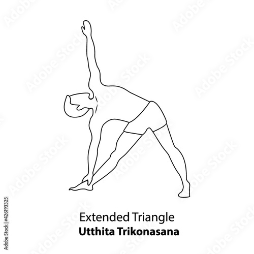 Man practicing yoga pose isolated outline Illustration. Man standing in Extended Triangle or Utthita Trikonasan, Yoga Asana line icon