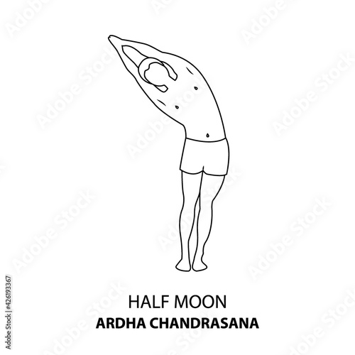 Man practicing yoga pose isolated outline Illustration. Man standing in Half Moon Pose Yoga or Ardha Chandrasana, Yoga Asana line icon