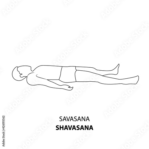 Man practicing yoga pose isolated outline Illustration. Man lying on the ground in Shavasana Corpse Pose or Mrtasana, Yoga Asana line icon