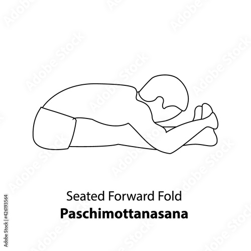 Man practicing yoga pose isolated outline Illustration. Man standing in seated forward fold or paschimottanasana pose, Yoga Asana line icon