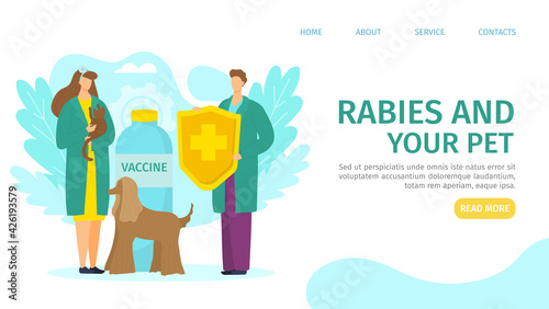 Rabies disease concept, web page vector illustration. Medical vaccination for pet, man woman character make injection for cat, dog.