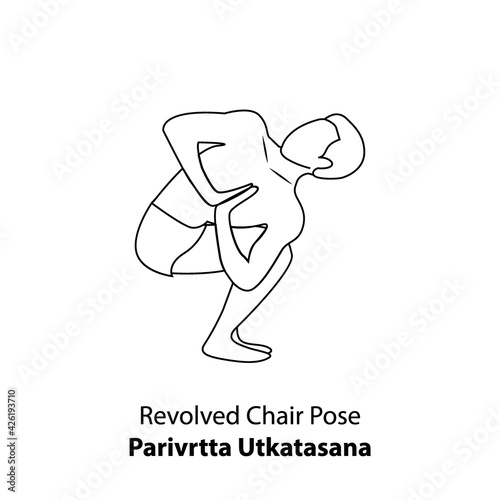 Man practicing yoga pose isolated outline Illustration. Man standing in revolved chair pose or parivrtta utkatasana pose, Yoga Asana line icon