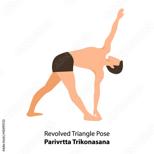 Man practicing yoga pose isolated Vector Illustration. Man standing in Revolved Triangle Pose or Parivrtta Trikonasana, Yoga Asana icon