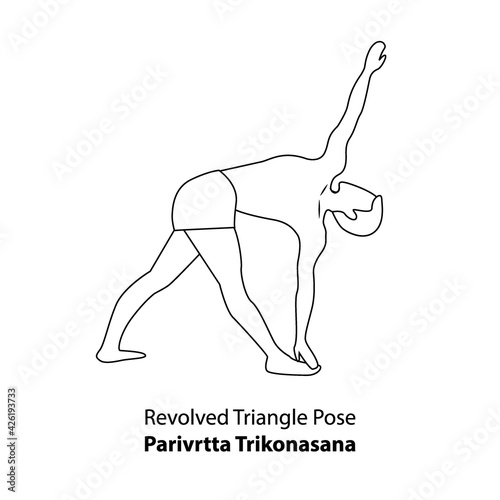Man practicing yoga pose isolated outline Illustration. Man standing in Revolved Triangle Pose or Parivrtta Trikonasana, Yoga Asana line icon