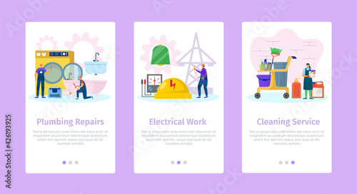 House repair, plumbing, electrical work and cleaning service set, vector illustration. People worker character use tool equipment for renovation