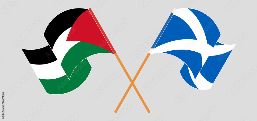 Crossed and waving flags of Palestine and Scotland Crossed and waving flags of Palestine and Scotland
