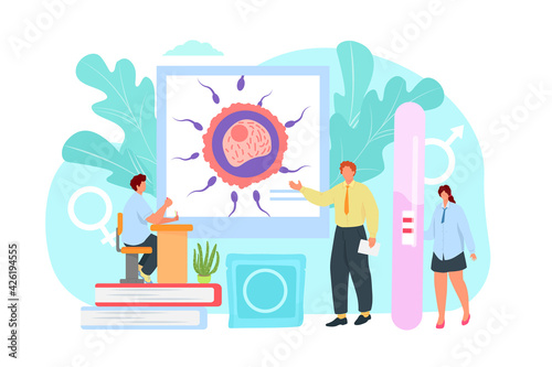 Sexual education concept, vector illustration. Man woman character get knowledge about reproductive system, medical science information.