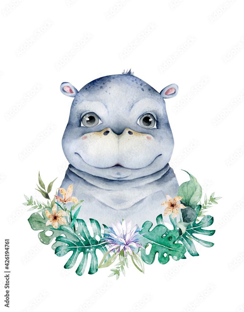 Cute hippo amazed face mascot design watercolor isolated cartoon illustration with leaves frame