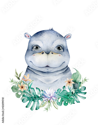 Cute hippo amazed face mascot design watercolor isolated cartoon illustration with leaves frame © Anna Terleeva