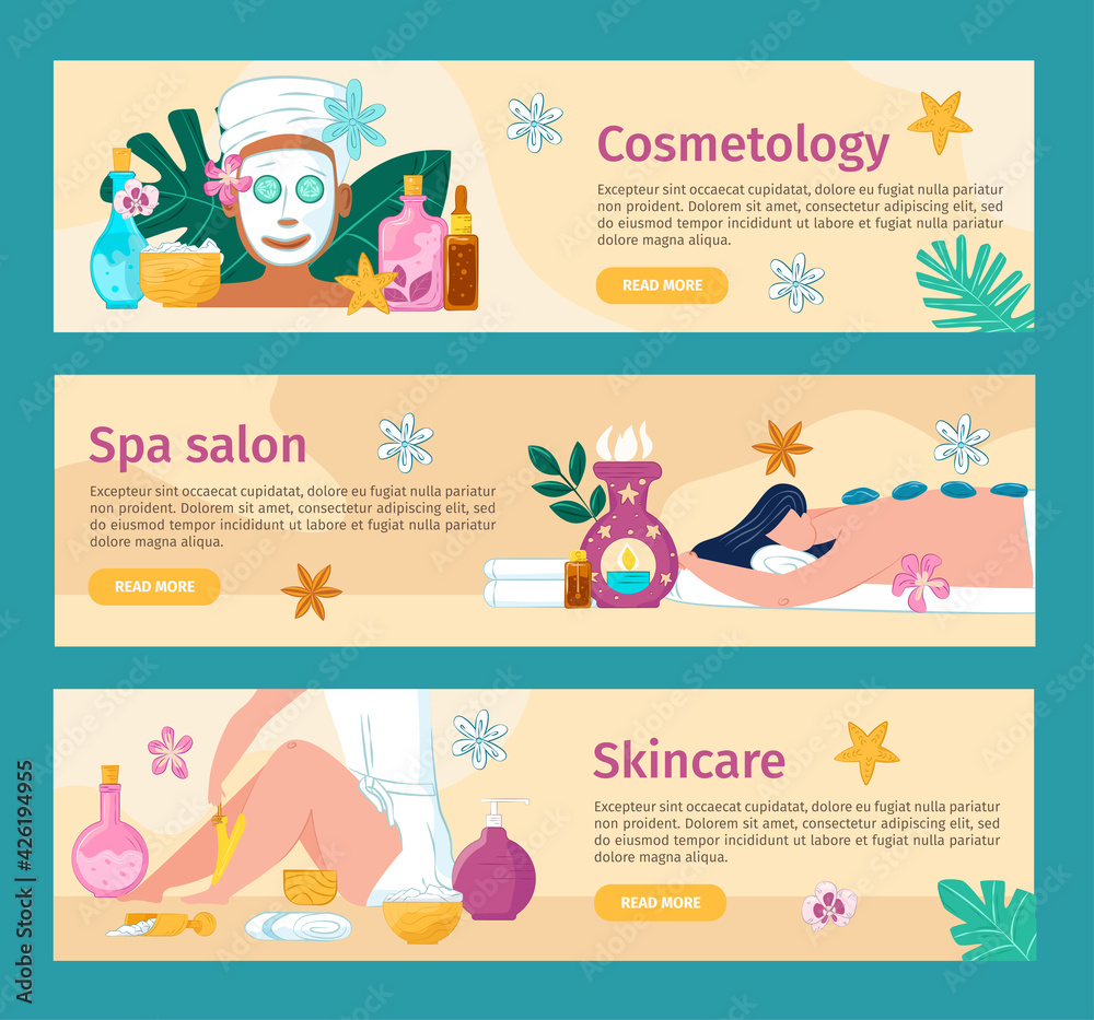 Spa salon web banner set, vector illustration. Female character body beauty sale, wellness therapy for skin health background. Massage, procedure