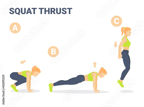 Squat Thrust Exercise Girl Home Workout Guidance.