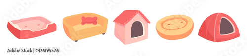 A set of beds for a pet, dog or cat. Flat vector illustration of goods for animals. Objects isolated on white background, cartoon style. Turquoise, yellow, red, pink colors