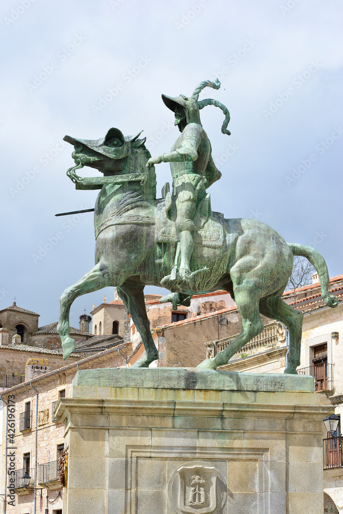 April 2, 2021 in Trujillo, Spain. Statue of Francisco Pizarro on horseback in the main square of Trujillo