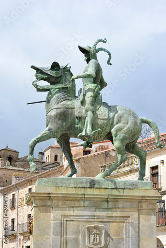 April 2, 2021 in Trujillo, Spain. Statue of Francisco Pizarro on horseback in the main square of Trujillo