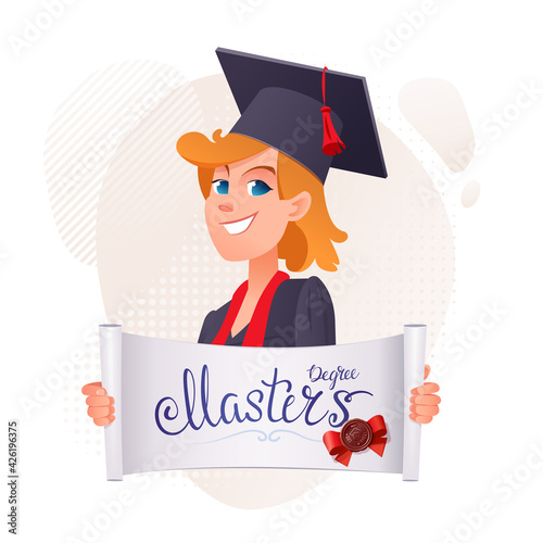 Young girl graduate with an opened certificate in his hands and the inscription Masters degree. In a prom dress and cap