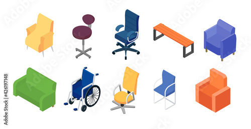 Graphic furniture, chair and armchair collection, isolated on white vector illustration. 3d isometric home interior decoration, office seat set.