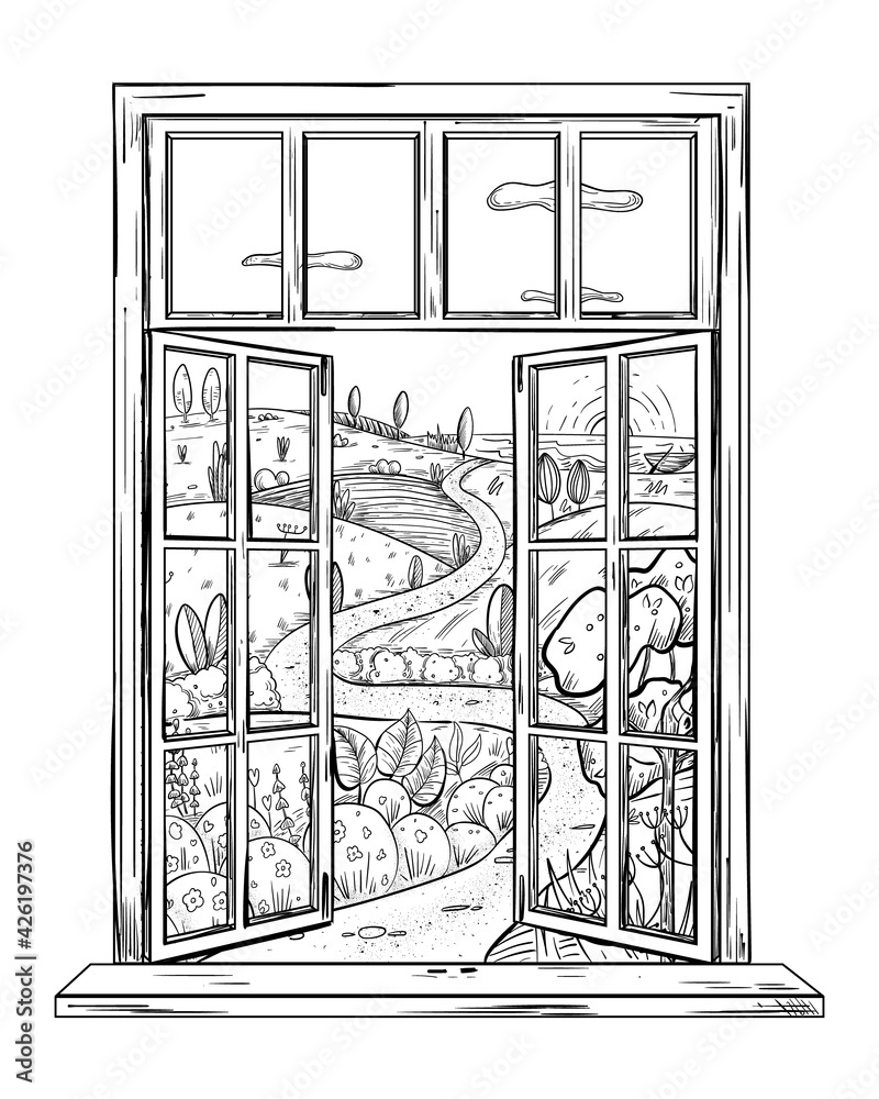 open window  cartoon vector and illustration black and white hand drawn  sketch style isolated on white background Stock Vector  Adobe Stock