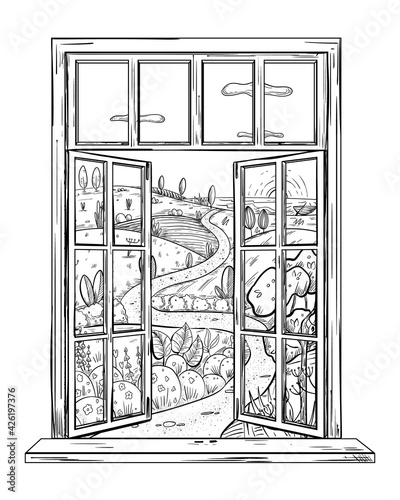 Fabulous spring landscape in the window. Open window into wonderful world, dreams illustration concept in sketch style, place for escape and meditation.