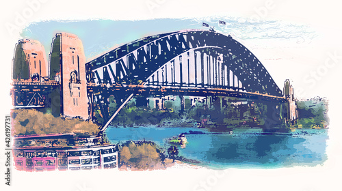 Illustration of the Sydney Harbour Bridge. Soft blues and oranges