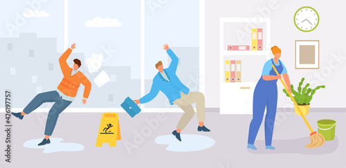 Wet floor in office, people fall down concept, vector illustration. Warning caution about slippery surface, woman character clean room.
