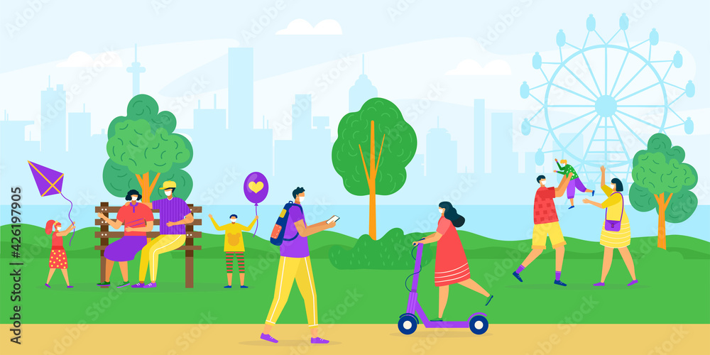 Masked woman man walk in park, coronavirus time concept vector illustration. People character in medical face mask, epidemic virus protection. Masked woman man walk in park, coronavirus time concept vector illustration. People character in medical face mask, epidemic virus protection.