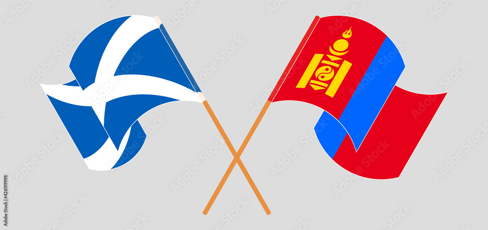 Crossed and waving flags of Scotland and Mongolia Crossed and waving flags of Scotland and Mongolia