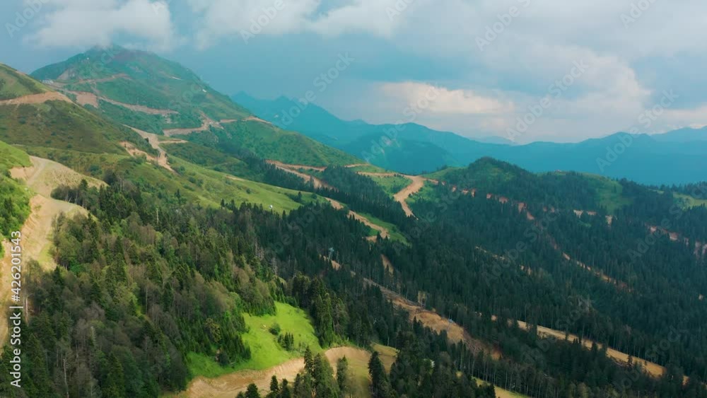 Drone shoot of a mountains with forest in Sochi in summer Drone shoot of a mountains with forest in Sochi in summer