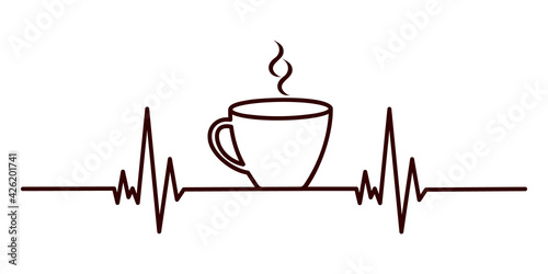Coffee heartbeat concept. Cardiogram line and cup of espresso, tea or hot chocolate with aroma smoke isolated on white background. Design element for coffee house or shop. Vector illustration.