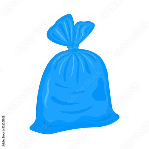 Filled plastic garbage bag isolated on white background. Blue pack with trash. Tied rubbish package. Vector cartoon illustration.