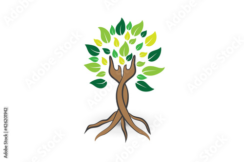 Tree ecology hands care logo icon vector image 