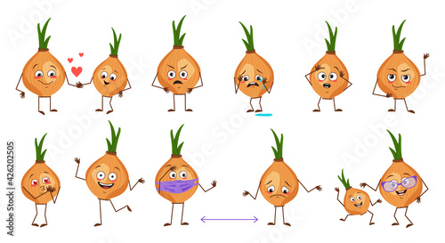 Set of cute onion characters with emotions isolated on white background. The funny or sad heroes, vegetables have play, fall in love, keep their distance. Vector flat illustration